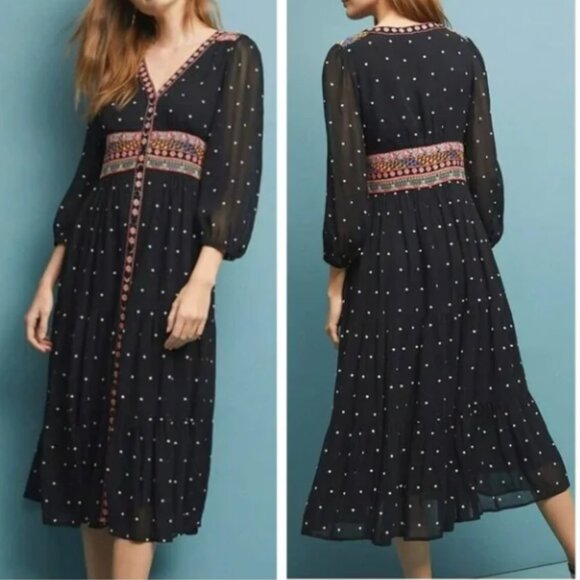 Anthropologie La Boheme Dress Embroidered Midi Dress Sz 14 Black Swiss Dot Boho - Picture 1 of 13